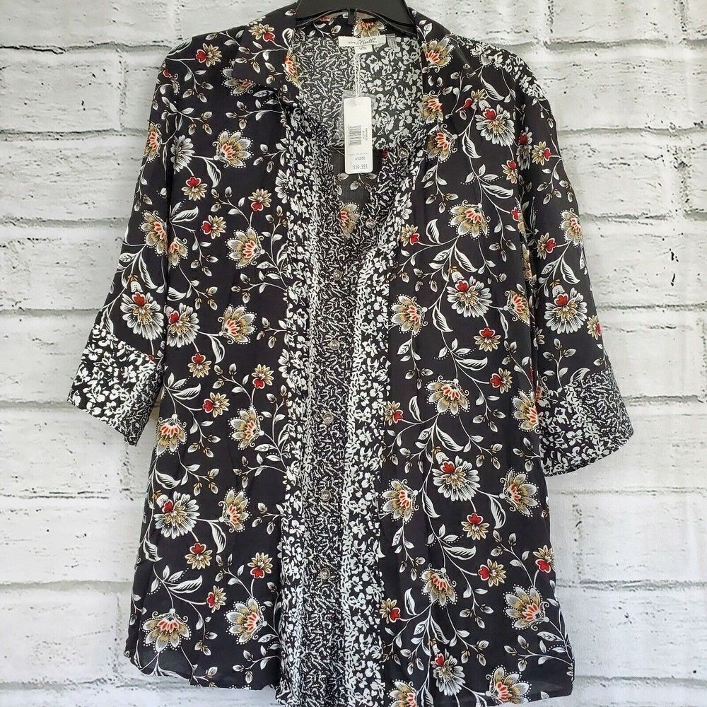 Simply Noelle Black Floral Long Sleeve Button Up Blouse Womens Large 12 Rayon